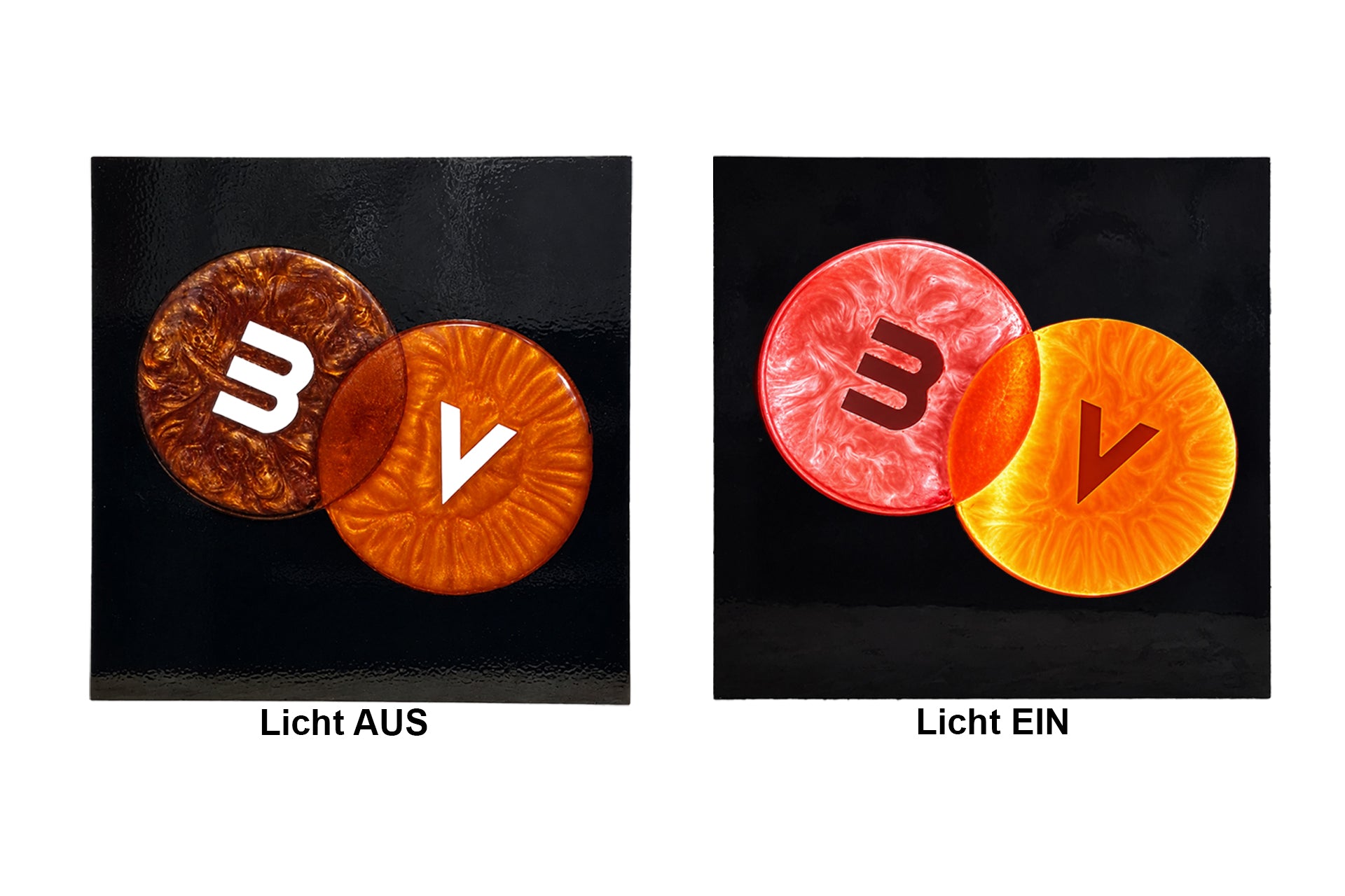 LED Holzbild mit Epoxidharz-Motiv – Vergleich Licht AUS und Licht EIN, handgefertigt in Deutschland von Michas Holzwerkstatt