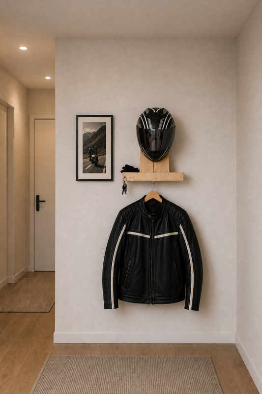 Holz-Helmhalter an der Wand montiert mit schwarzem Motorradhelm und Lederjacke im Flur